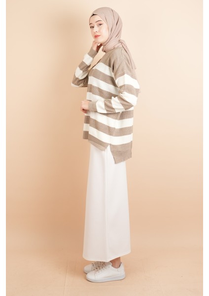Bayan Tesettür Çizgili Prinç Örgü Kazak Açık Kahverengi modelleri
