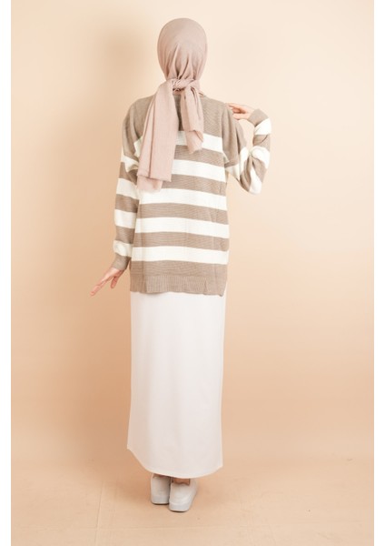 Bayan Tesettür Çizgili Prinç Örgü Kazak Açık Kahverengi fırsatları
