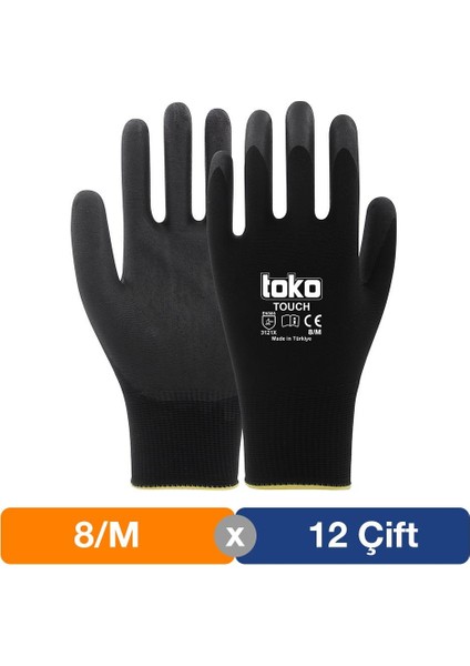 Touch Siyah Poliüretan Kaplı Polyester Örme Eldiven No: 8/M - 12'li Paket