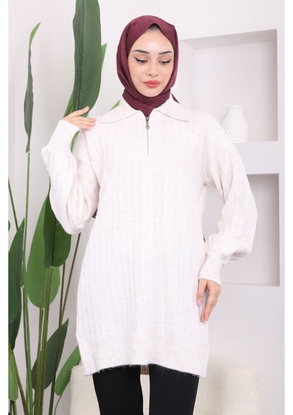 Bej Fermuarlı Şardon Triko Tunik