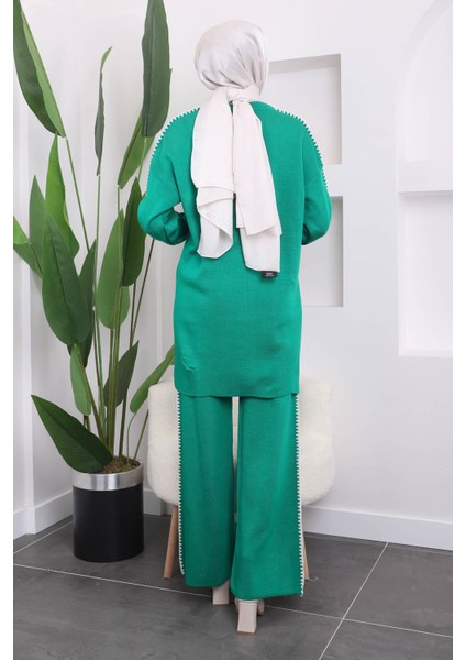 Yeşil Çoban Dikiş Triko Pantolonlu Tunik Takım modelleri