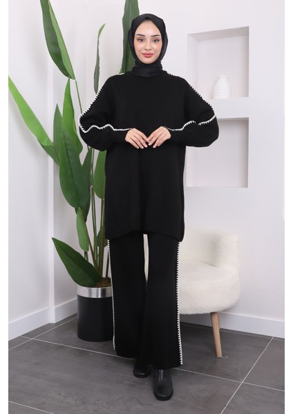 Siyah Çoban Dikiş Triko Pantolonlu Tunik Takım