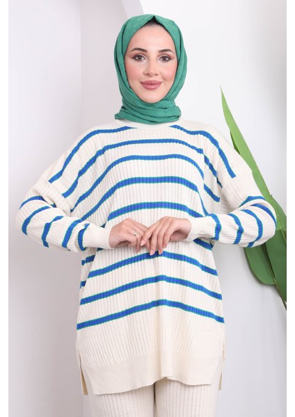 Krem/mavi Çizgili Triko Tunik Pantolon Takım modelleri