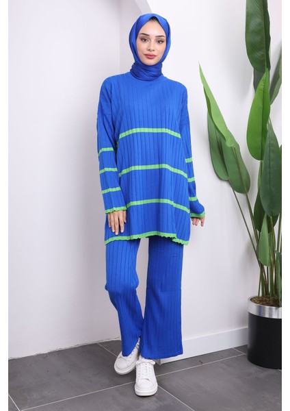 Saks Mavi Çizgili Triko Tunik Pantolon İkili Takım