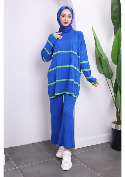 Saks Mavi Çizgili Triko Tunik Pantolon İkili Takım fiyatları