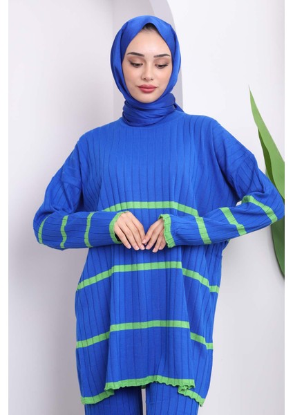 Saks Mavi Çizgili Triko Tunik Pantolon İkili Takım modelleri