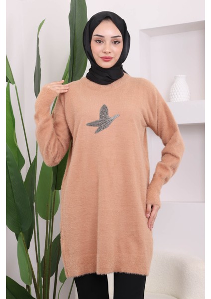 Bisküvi Taş Detaylı Peluş Triko Tunik
