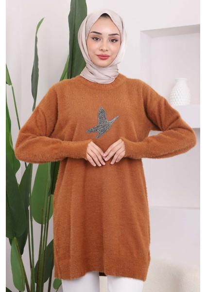 Camel Taş Detaylı Peluş Triko Tunik