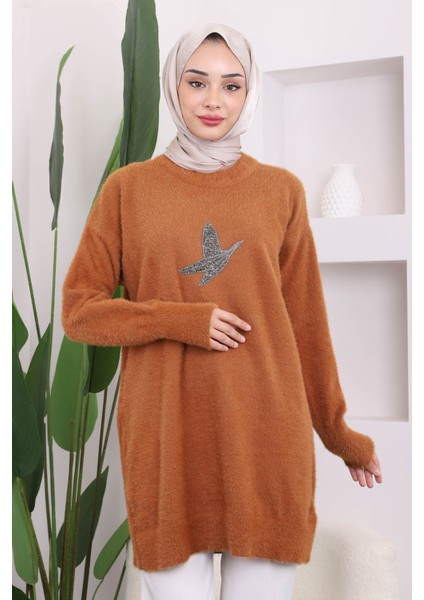 Camel Taş Detaylı Peluş Triko Tunik