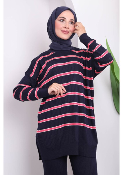 Lacivert Çizgili Triko Tunik Pantolon Takım modelleri