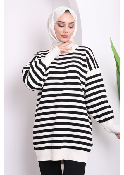 Krem/siyah Bisiklet Yaka Çizgili Triko Tunik