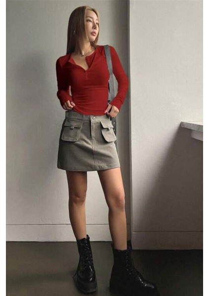 Kadın Kırmızı Düğme Detaylı Patlı Düğmeli Bisiklet Yaka Uzun Kollu Fitilli Kaşkorse Bluz Body modelleri