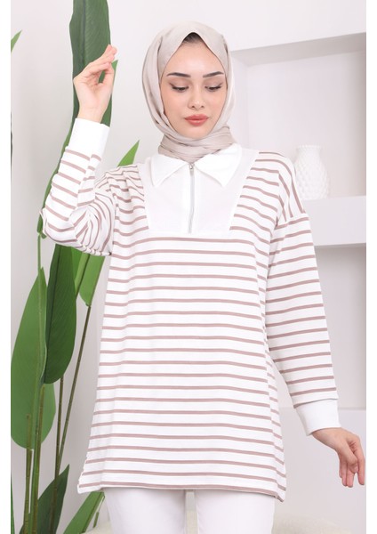 Vizon Yaka Fermuarlı Çizgili İki İplik Sweatshirt