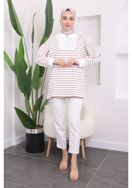 Vizon Yaka Fermuarlı Çizgili İki İplik Sweatshirt fiyatları