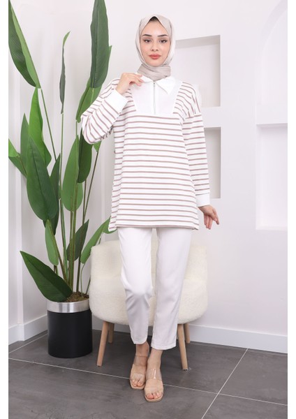 Vizon Yaka Fermuarlı Çizgili İki İplik Sweatshirt modelleri