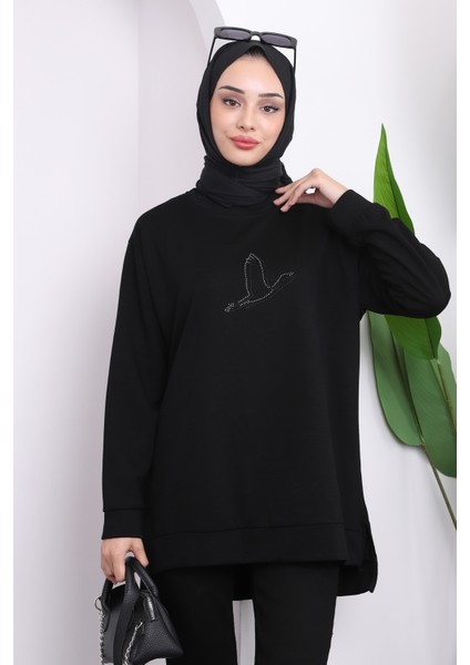 Siyah Bisiklet Yaka Yan Yırtmaçlı Sweat