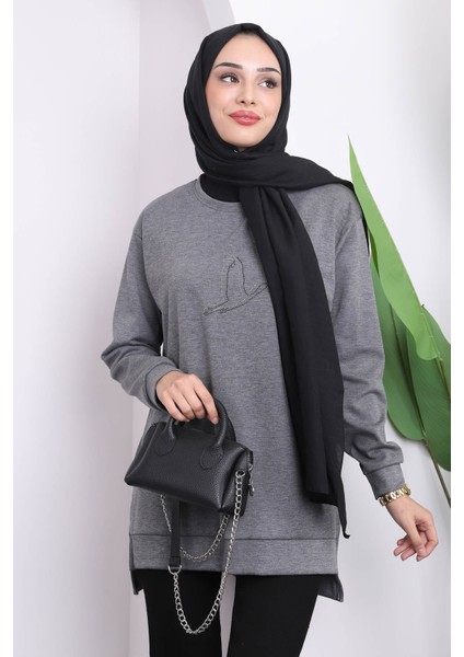 Füme Bisiklet Yaka Yan Yırtmaçlı Sweat