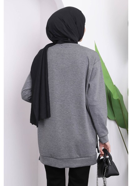 Füme Bisiklet Yaka Yan Yırtmaçlı Sweat