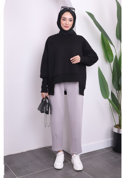 Siyah Bisiklet Yaka Üç İplik Basic Sweat