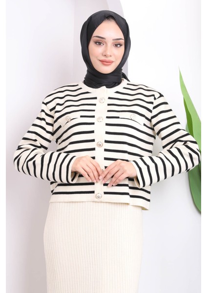 Krem Crop Hırka Triko Elbise İkili Kombin