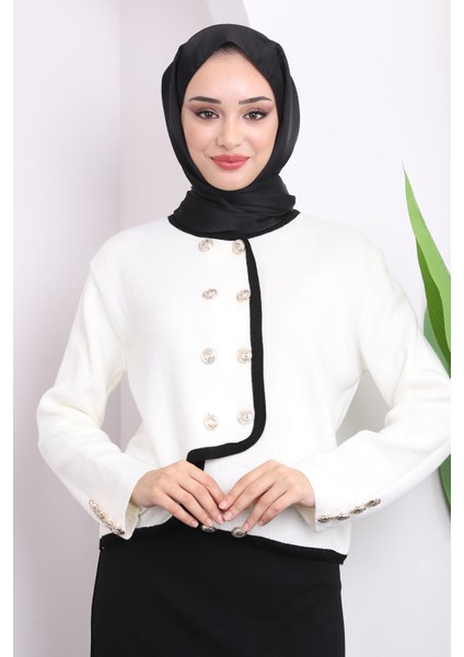 Ekru Düğmeli Crop Triko Hırka