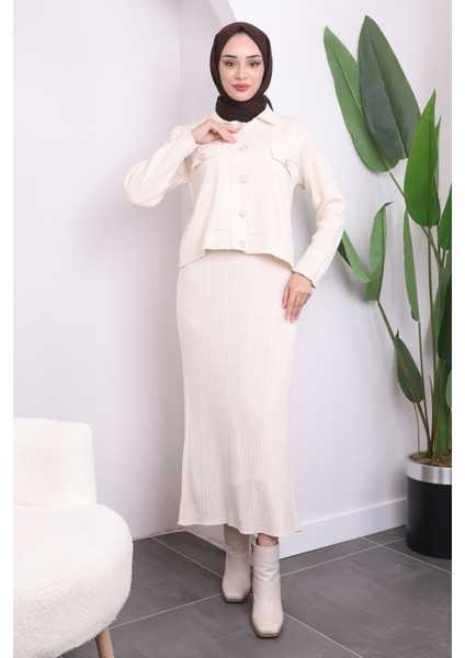 Krem Crop Ceket Elbise İkili Kombin Triko Takım