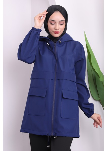 Lacivert Kapüşonlu Fermuarlı Kısa Trenç