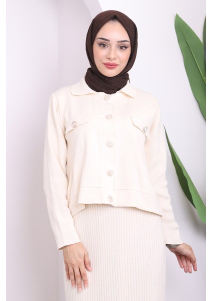 Krem Crop Ceket Elbise İkili Kombin Triko Takım