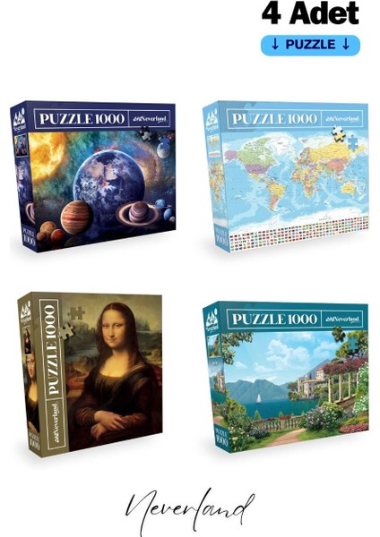 4 Adet 1000 Parça Puzzle - Gezegenler / Dünya Haritası I / Mona Lisa / Sahil Evi