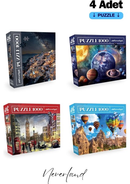 4 Adet 1000 Parça Puzzle - Santorini / Gezegenler / London / Kapadokya