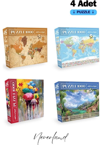 4 Adet 1000 Parça Puzzle - Dünya Haritası Iı / Dünya Haritası I / Şemsiyeler / Sahil Manzarası