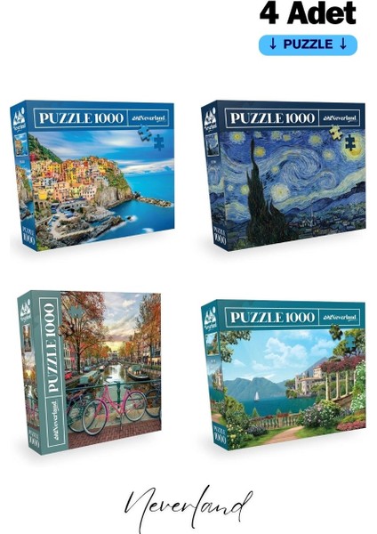 4 Adet 1000 Parça Puzzle - Cinque Terre / Yıldızlı Gece / Amsterdam / Sahil Evi