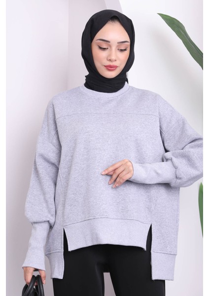 Gri Bisiklet Yaka Üç İplik Basic Sweat