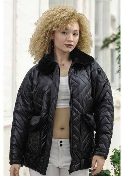 Peluş Yaka Detay Beli Lastikli Astarlı Kapitone Mont