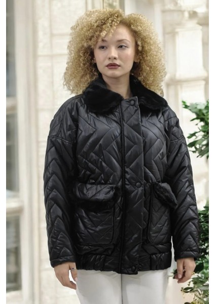 Peluş Yaka Detay Beli Lastikli Astarlı Kapitone Mont modelleri