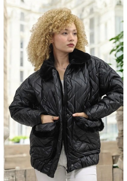 Peluş Yaka Detay Beli Lastikli Astarlı Kapitone Mont indirimleri