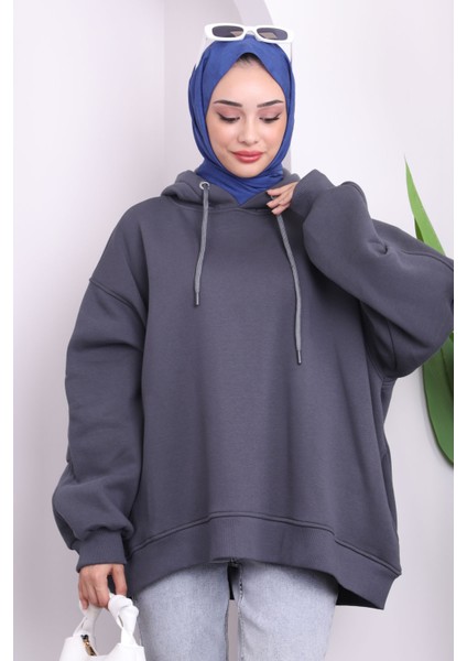 Antrasit Kapüşonlu Oversize Üç Iplik Sweat Tshirt