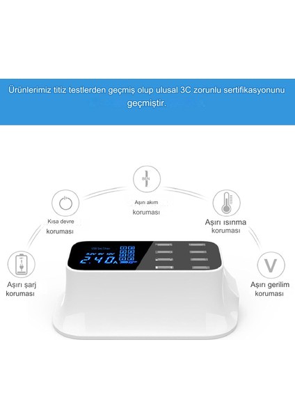 USB Şarj Istasyonu, LED Ekranlı 8 Bağlantı Noktalı USB Çoklu Bağlantı Noktası Şarj Cihazı, Akıllı Telefonlar Tabletler Için Hızlı Şarj Masaüstü USB Şarj Cihazı Merkezi modelleri