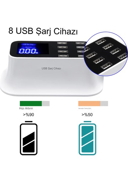 USB Şarj Istasyonu, LED Ekranlı 8 Bağlantı Noktalı USB Çoklu Bağlantı Noktası Şarj Cihazı, Akıllı Telefonlar Tabletler Için Hızlı Şarj Masaüstü USB Şarj Cihazı Merkezi fırsatları