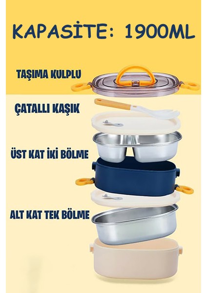 2 Katlı 3 Bölmeli 304 Paslanmaz Çelik Hazneli 1900ML Beslenme Kabı Lunch Box Beslenme Kutusu Sefer Tası Yemek Taşıma Kabı