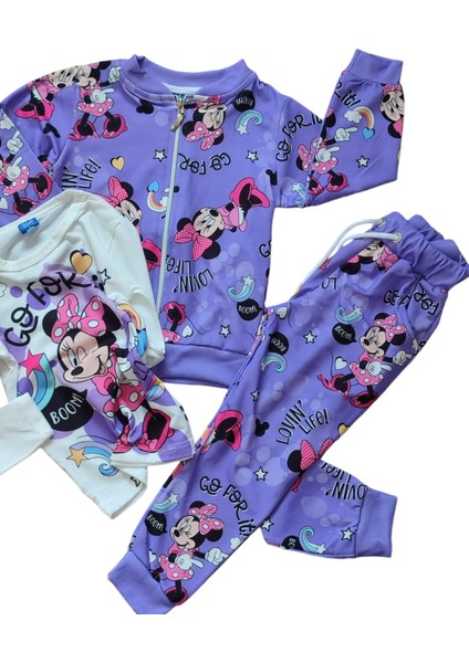 Kız Çocuk Minnie Mouse Temalı Mevsimlik Hırkalı Üçlü Takım Kız Çocuk Hırkalı Takım indirimleri