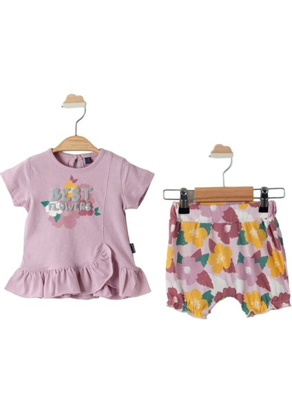 Kız Bebek Lila Best Flowers Baskılı Renkli Şortlu 2'li Takım