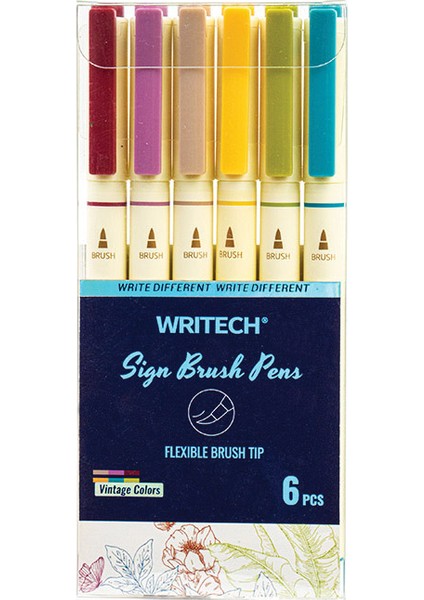 W-827 Fırça Tip Vıntage 6 Renk Keçeli Kalem - 6'lı