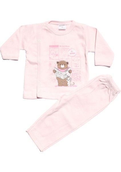 Unisex Pembe Kahve Ayılı Çıtçıtlı 2'li Pijama Takımı