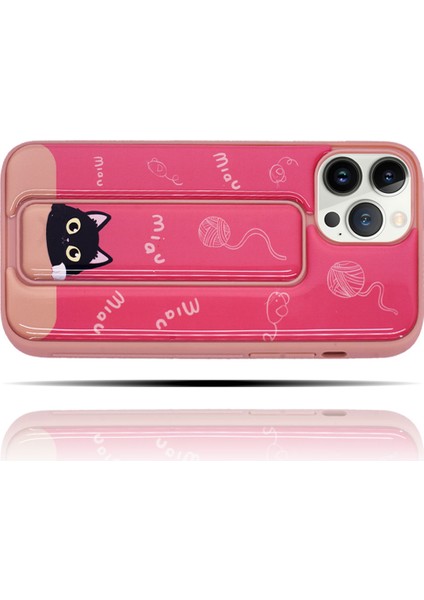 Apple Iphone 14 Pro Uyumlu Kedi Desenli Pembe Yumuşak Silikon Kedili Telefon Kılıfı - Miav