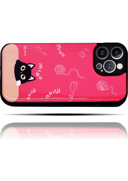 Apple IPhone 14 Pro Max Uyumlu Kedi Desenli Pembe Yumuşak Silikon Kedili Telefon Kılıfı - Miav