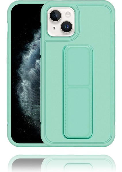 Apple IPhone 13 Uyumlu Mat Turkuaz Yumuşak Silikon Standlı Tutacaklı (Tutamaçlı) Telefon Kılıfı