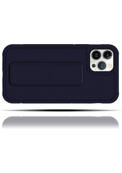 Apple IPhone 14 Pro Uyumlu Mat Lacivert Yumuşak Silikon Standlı Tutacaklı (Tutamaçlı) Telefon Kılıfı