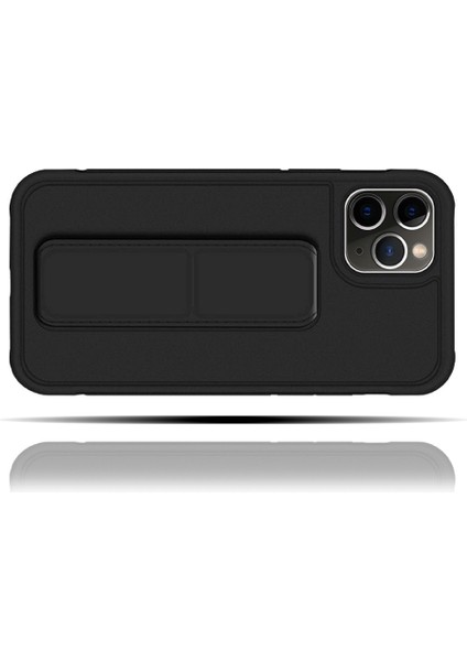 Apple IPhone 11 Pro Uyumlu Mat Siyah Yumuşak Silikon Standlı Tutacaklı (Tutamaçlı) Telefon Kılıfı