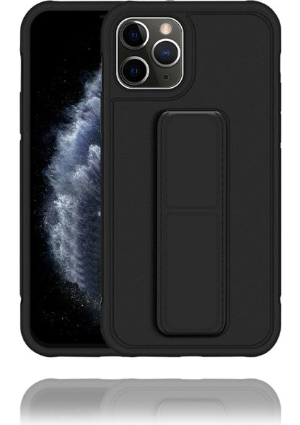 Apple IPhone 11 Pro Uyumlu Mat Siyah Yumuşak Silikon Standlı Tutacaklı (Tutamaçlı) Telefon Kılıfı